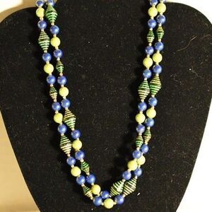 Vintage Blue/Green/Gold Beaded Single Strand 36 inch Long Box Latch Necklace